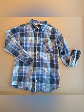 Tommy Hilfiger Boys Blue Plaid Button-Down Shirt, Size Large 16/18